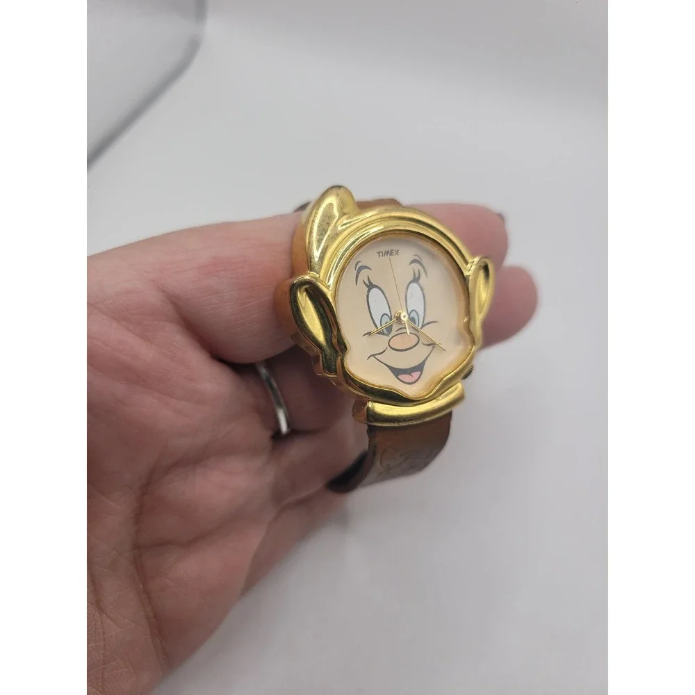 Vintage Disney Dopey Timex Watch Snow White Seven Dwarfs Gold Tone Leather
